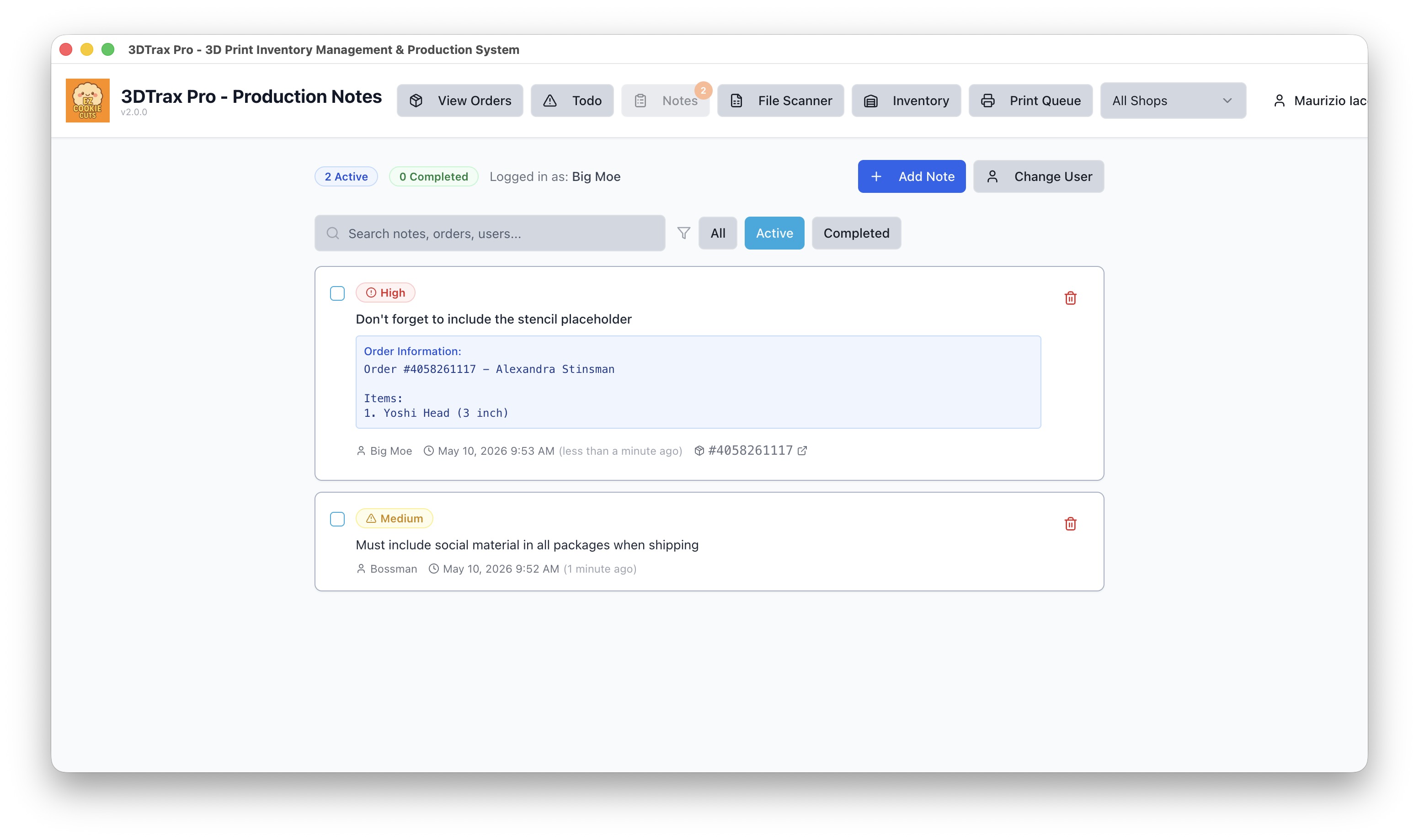 Notes screen